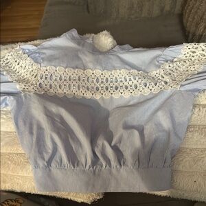 Blue and White Striped Top with Lace Detail